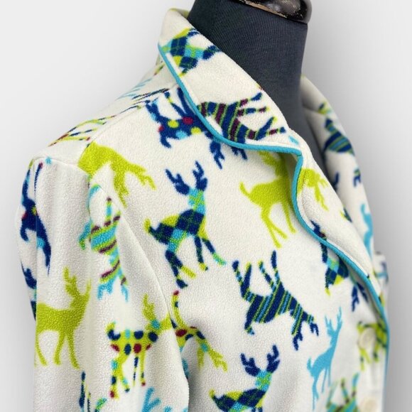 Joe Fresh Fleece Pajama Top Women’s Medium Reindeer Print Button Front Long - Picture 5 of 6